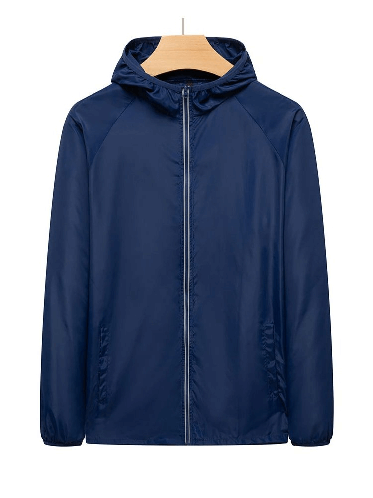 Navy waterproof reflective women's jacket with hood, ideal for outdoor hiking and camping. Sun-protective and anti-UV material.